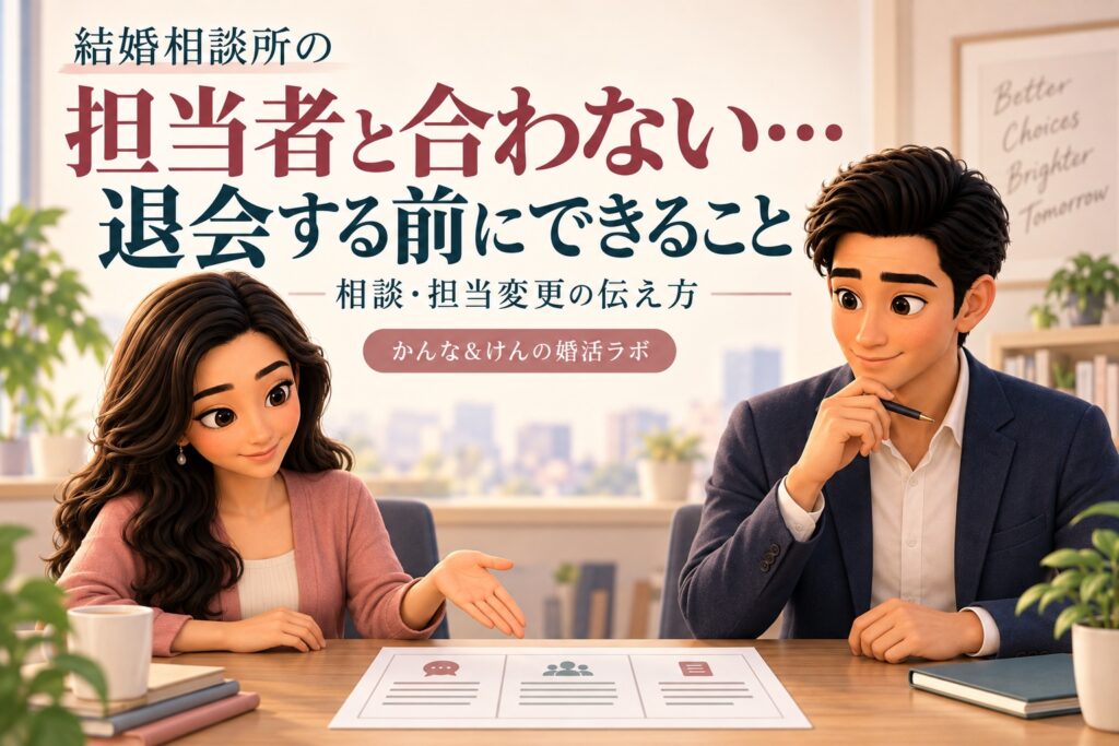 結婚相談所の担当者と合わないときの相談メモを、同僚のかんなとけんが確認するイラスト