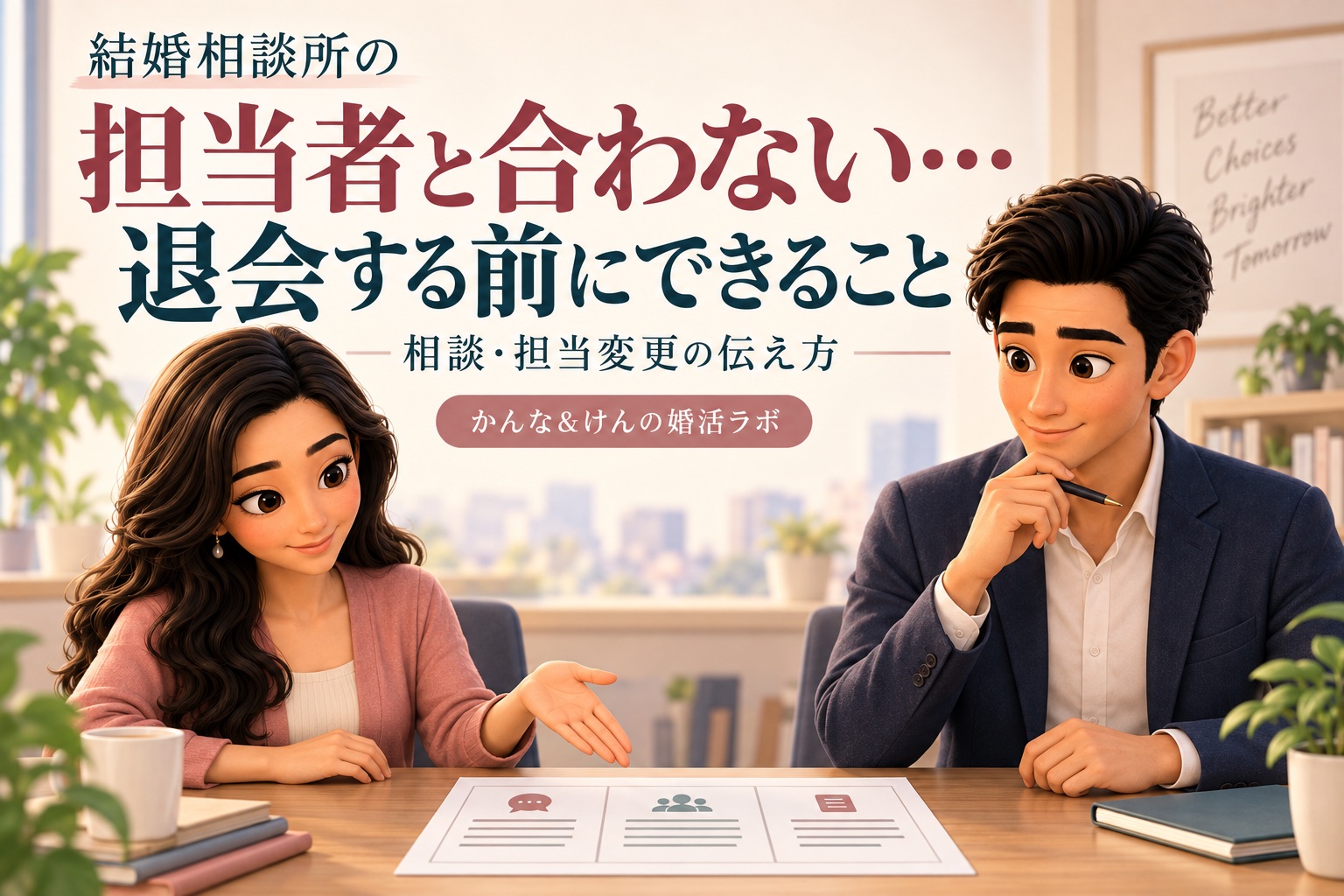 結婚相談所の担当者と合わないときの相談メモを、同僚のかんなとけんが確認するイラスト