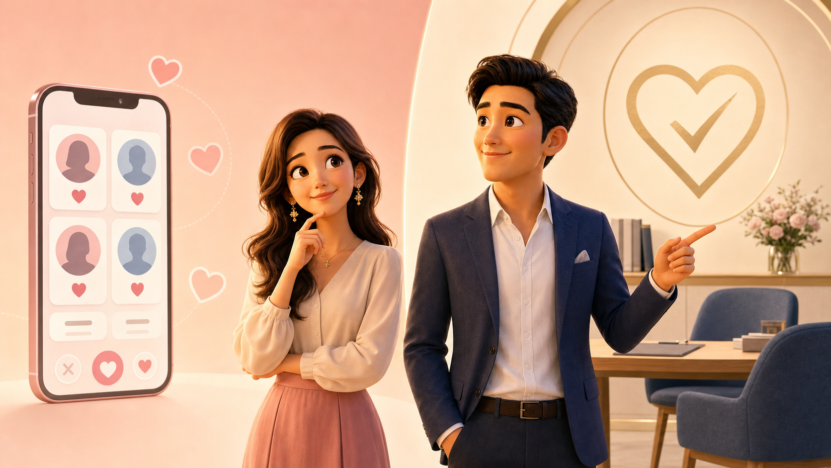 マッチングアプリと結婚相談所のどちらが合うかを、かんなとけんが比較している図解