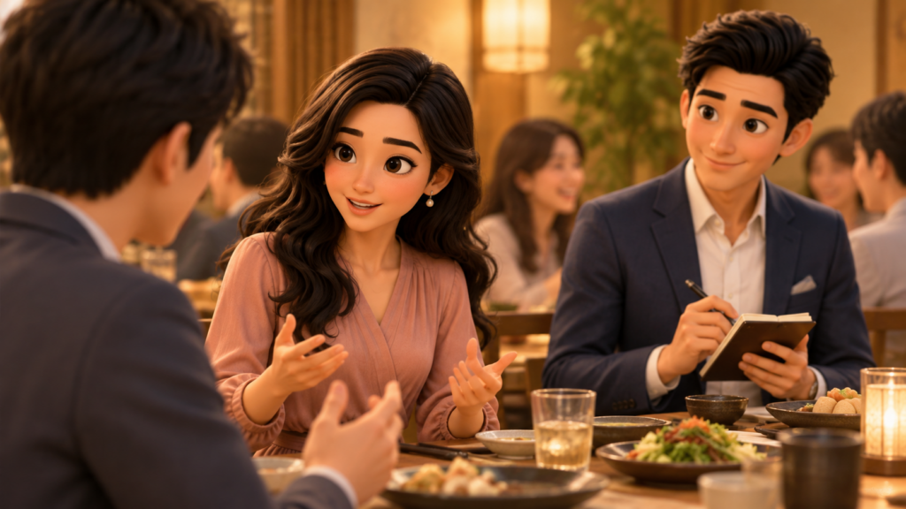 かんなが飲み会で気になる男性と自然に会話し、同僚アドバイザーのけんが見守っている