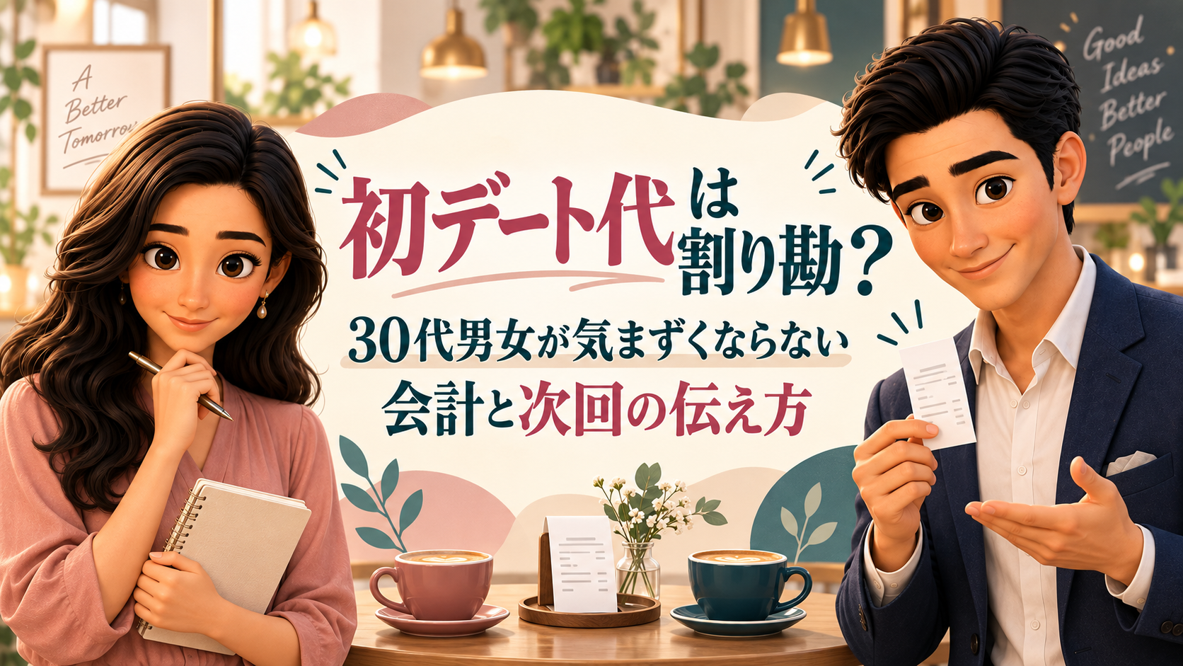 初デート代は割り勘？30代男女が気まずくならない会計と次回の伝え方。かんなとけんが同僚アドバイザーとして会計の相談を案内するイラスト