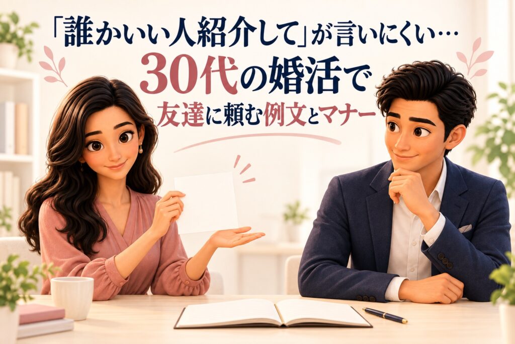 友達に紹介を頼む例文とマナーを案内するかんなとけん。紹介依頼メモを持ち、同僚アドバイザーとして離れて座っている