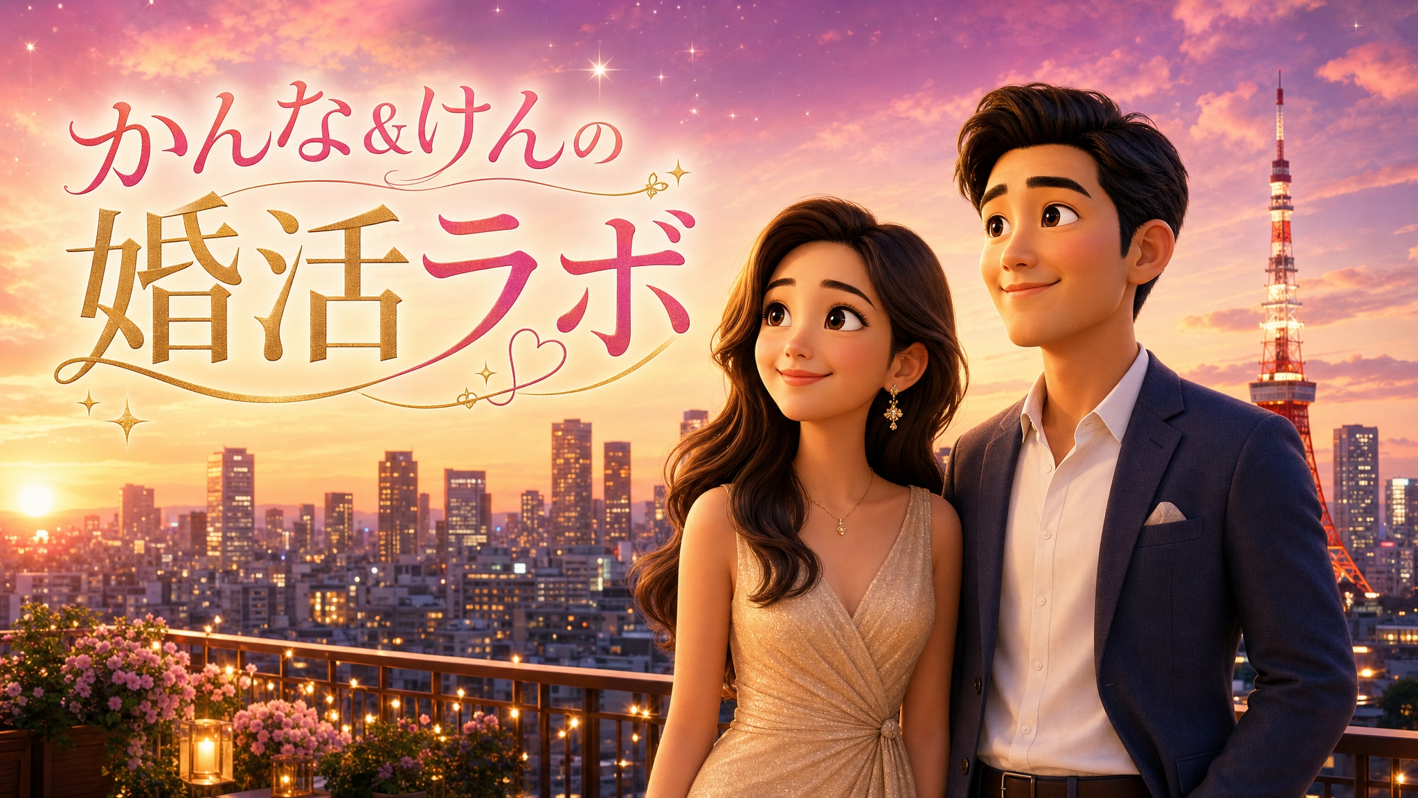 夕暮れの東京を背景に並ぶ、かんなとけん