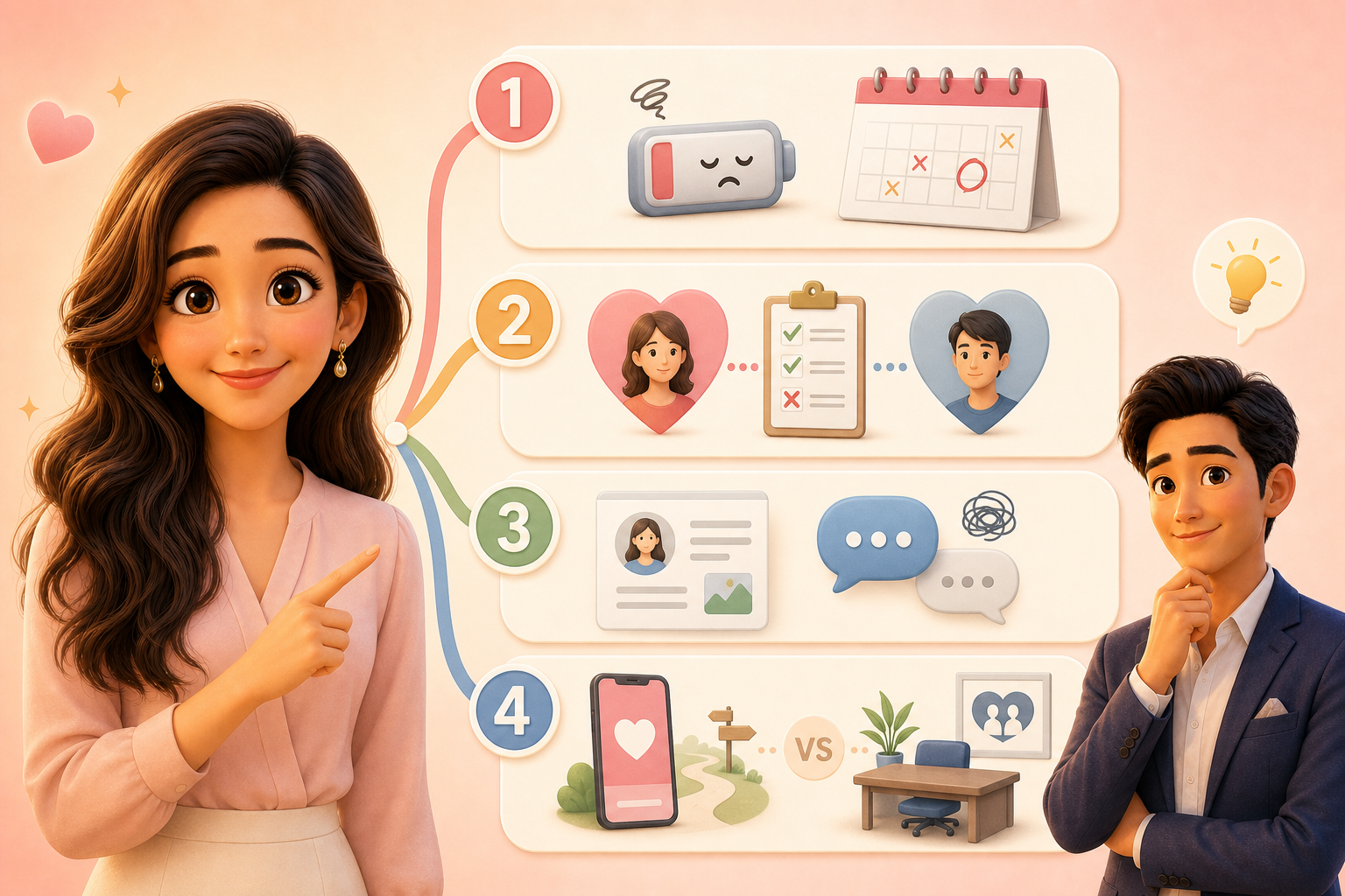 婚活がうまくいかない原因を4つに分けて示す、かんなとけんの図解