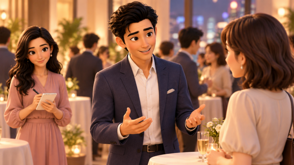 街コンで女性へ自然に挨拶するけんと、同僚アドバイザーとして見守るかんな