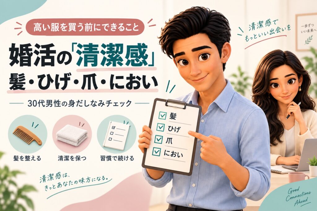 婚活の清潔感を髪・ひげ・爪・においの4項目で説明するけんと、別の席で助言する同僚のかんな