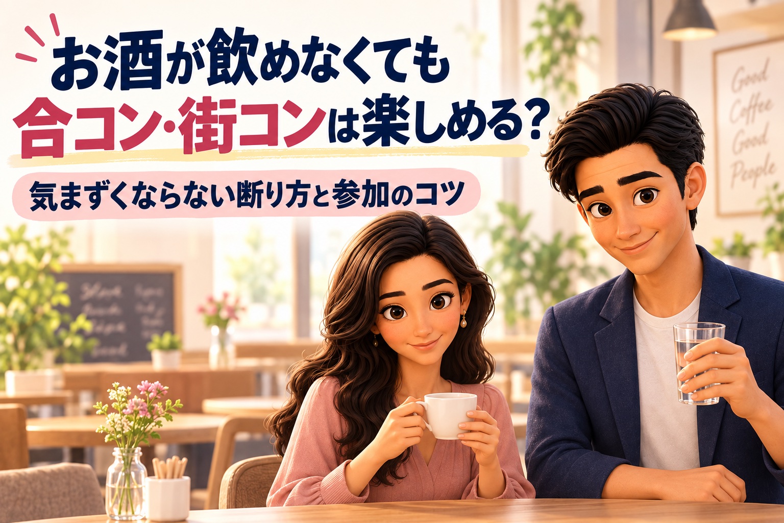 お茶と水を手に、飲酒せず合コン・街コンに参加するコツを案内する同僚アドバイザーのかんなとけん