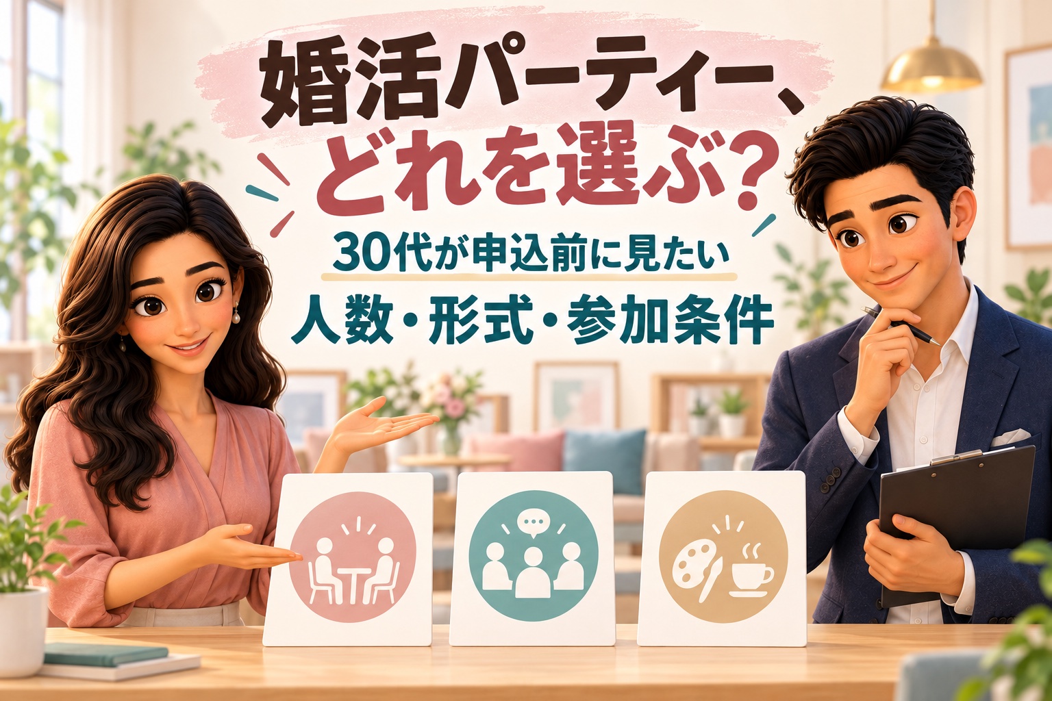 婚活パーティー、どれを選ぶ？30代が申込前に見たい人数・形式・参加条件。かんなとけんが同僚アドバイザーとしてイベント形式を案内するイラスト