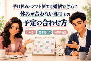 平日休み・シフト制でも婚活できる？休みが合わない相手との予定の合わせ方。かんなとけんが休日・仕事終わり・短時間通話の3つを案内