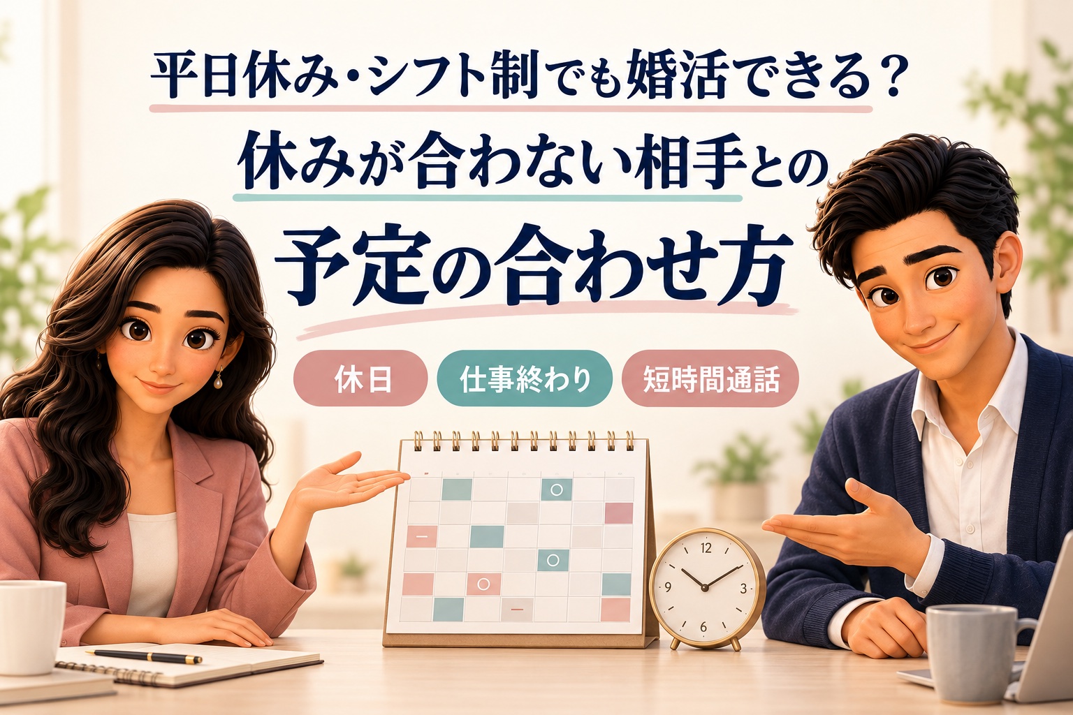 平日休み・シフト制でも婚活できる?休みが合わない相手との予定の合わせ方。かんなとけんが休日・仕事終わり・短時間通話の3つを案内