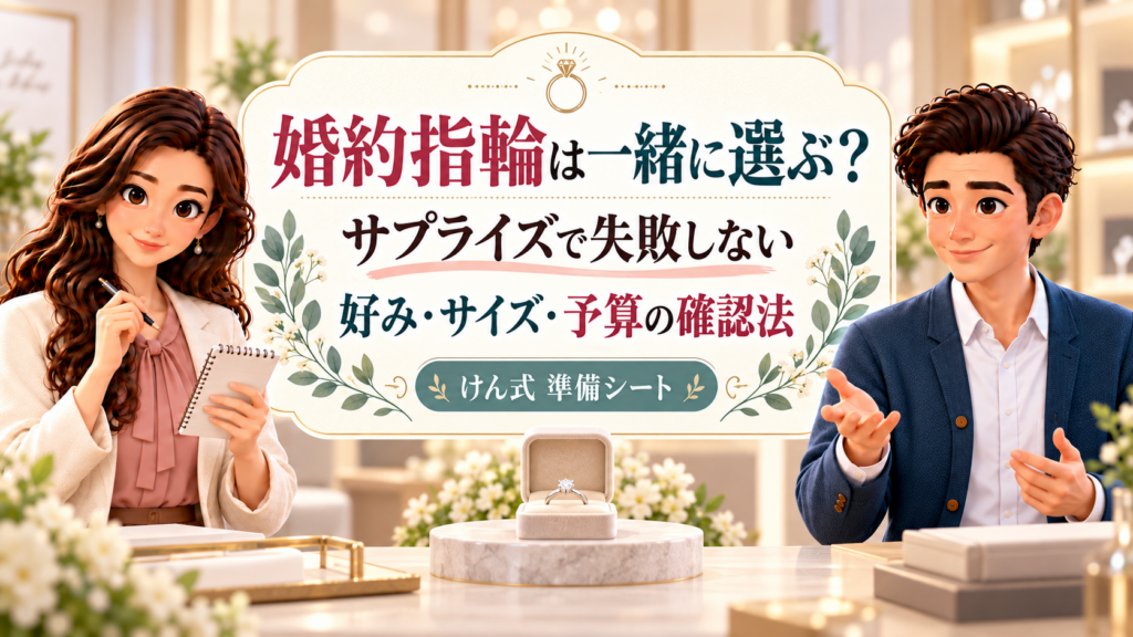 婚約指輪の好み・サイズ・予算の確認方法を、同僚の案内役として紹介するかんなとけん