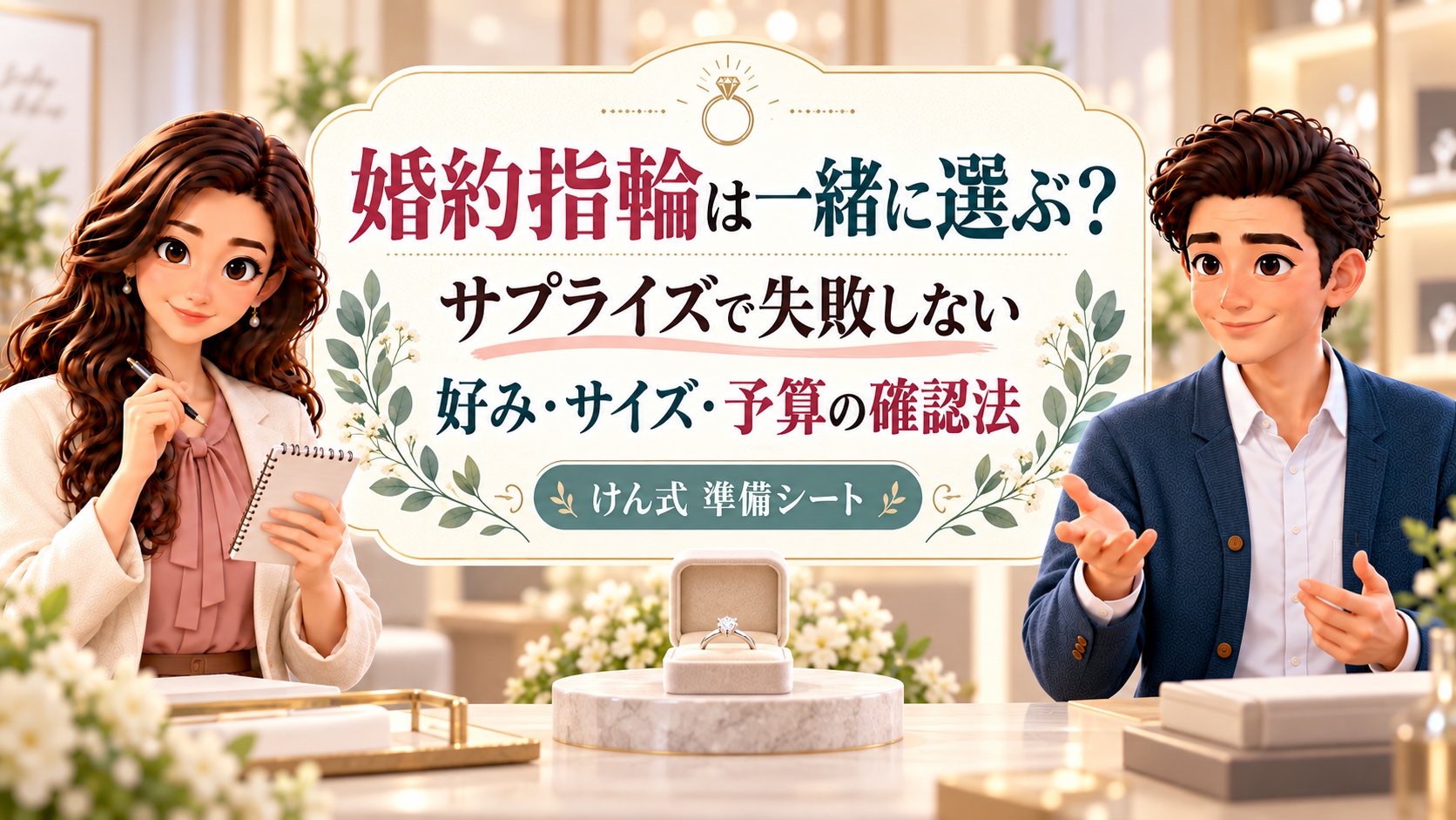 婚約指輪の好み・サイズ・予算の確認方法を、同僚の案内役として紹介するかんなとけん