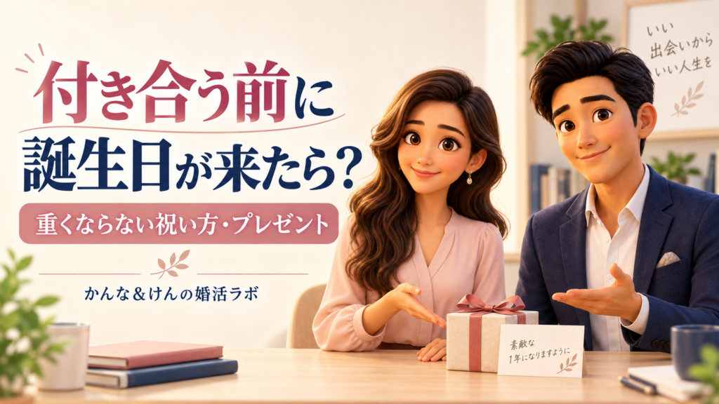 付き合う前の誕生日の祝い方を、小さな贈り物とメッセージを使って案内する同僚アドバイザーのかんなとけん