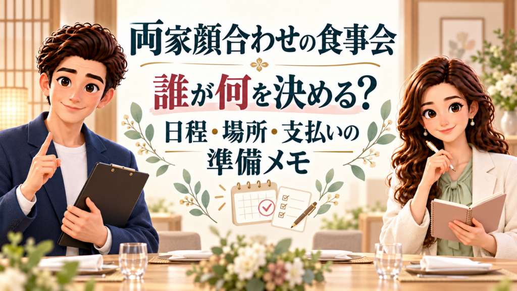 両家顔合わせの食事会の日程・場所・支払いを、同僚アドバイザーのけんとかんなが案内するタイトル画像