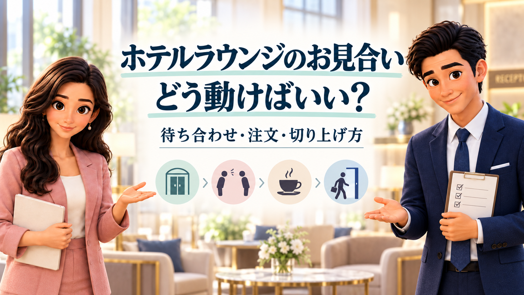 ホテルラウンジのお見合いの待ち合わせ・注文・切り上げ方を案内するけんとかんな