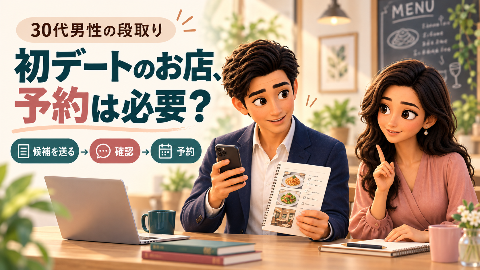 初デートのお店の候補を送り、確認してから予約する段取りを案内するけんとかんな
