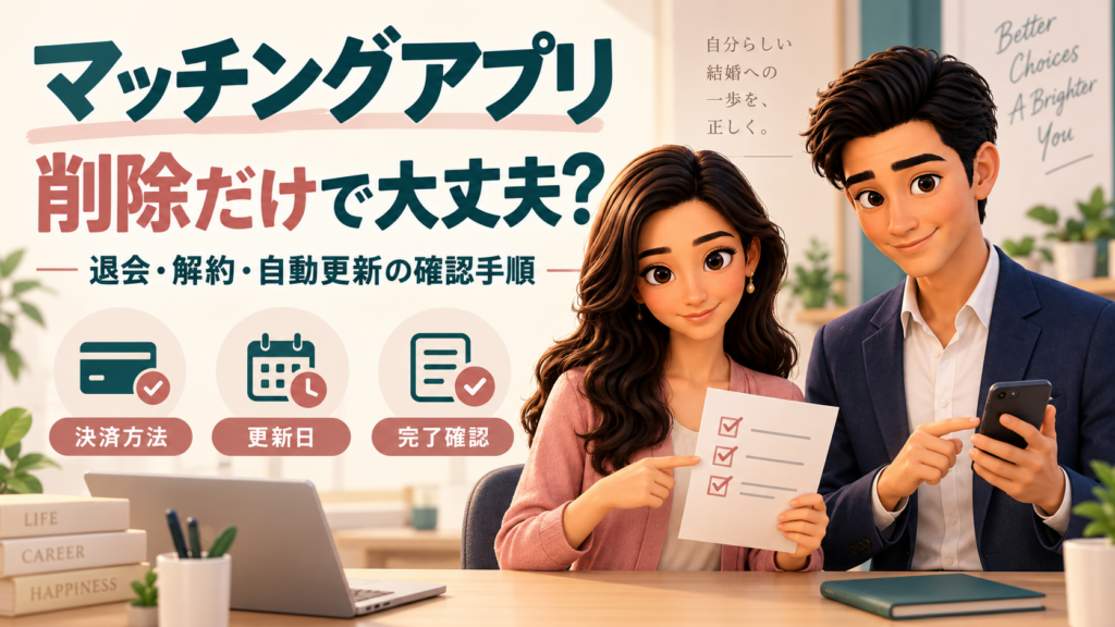 マッチングアプリの退会・解約・自動更新の確認手順を案内するかんなとけん