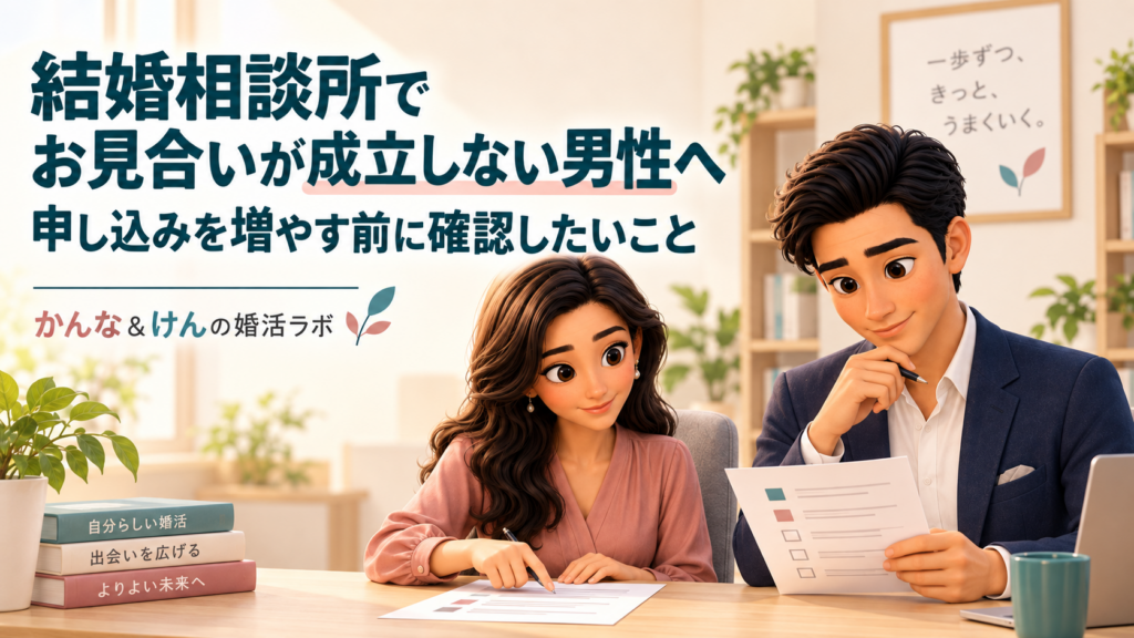 結婚相談所でお見合いが成立しない男性へ。活動振り返り表を確認する同僚アドバイザーのけんとかんな