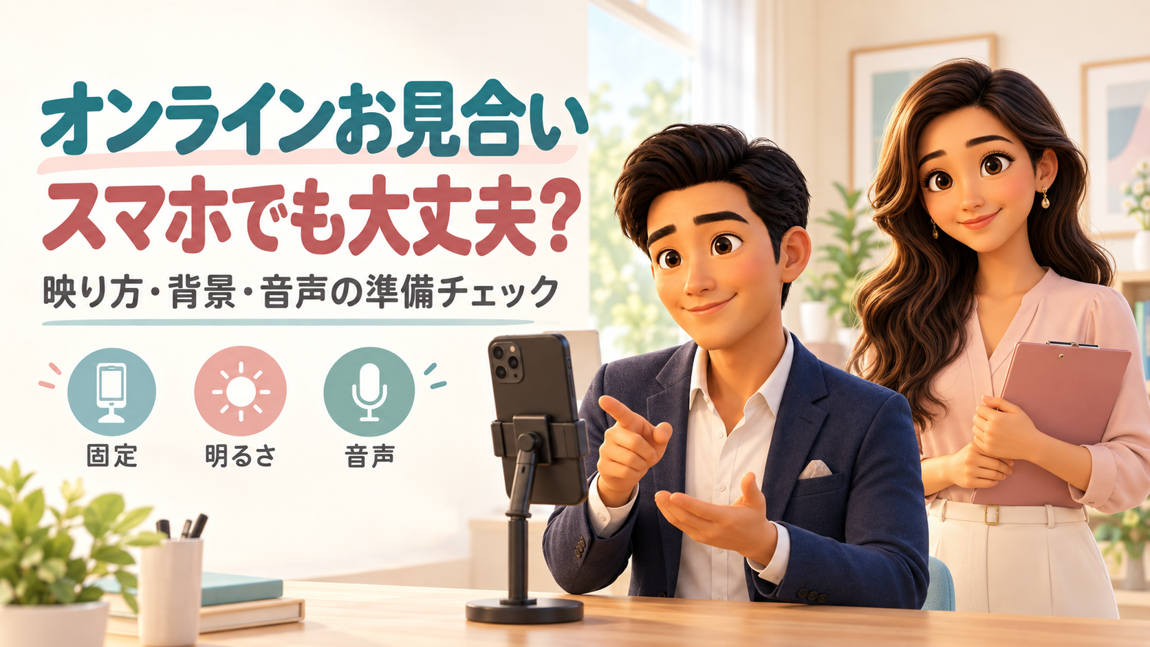 オンラインお見合いに向けてスマホの固定・明るさ・音声を確認するけんと、同僚のかんな