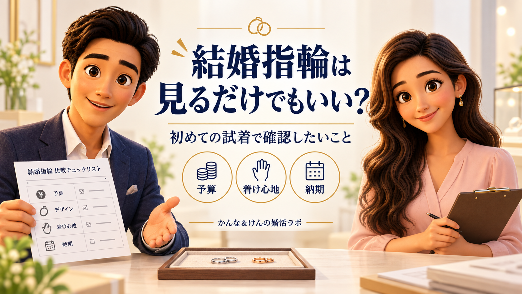 結婚指輪は見るだけでもいい？予算・着け心地・納期の試着メモを案内する、同僚アドバイザーのけんとかんな