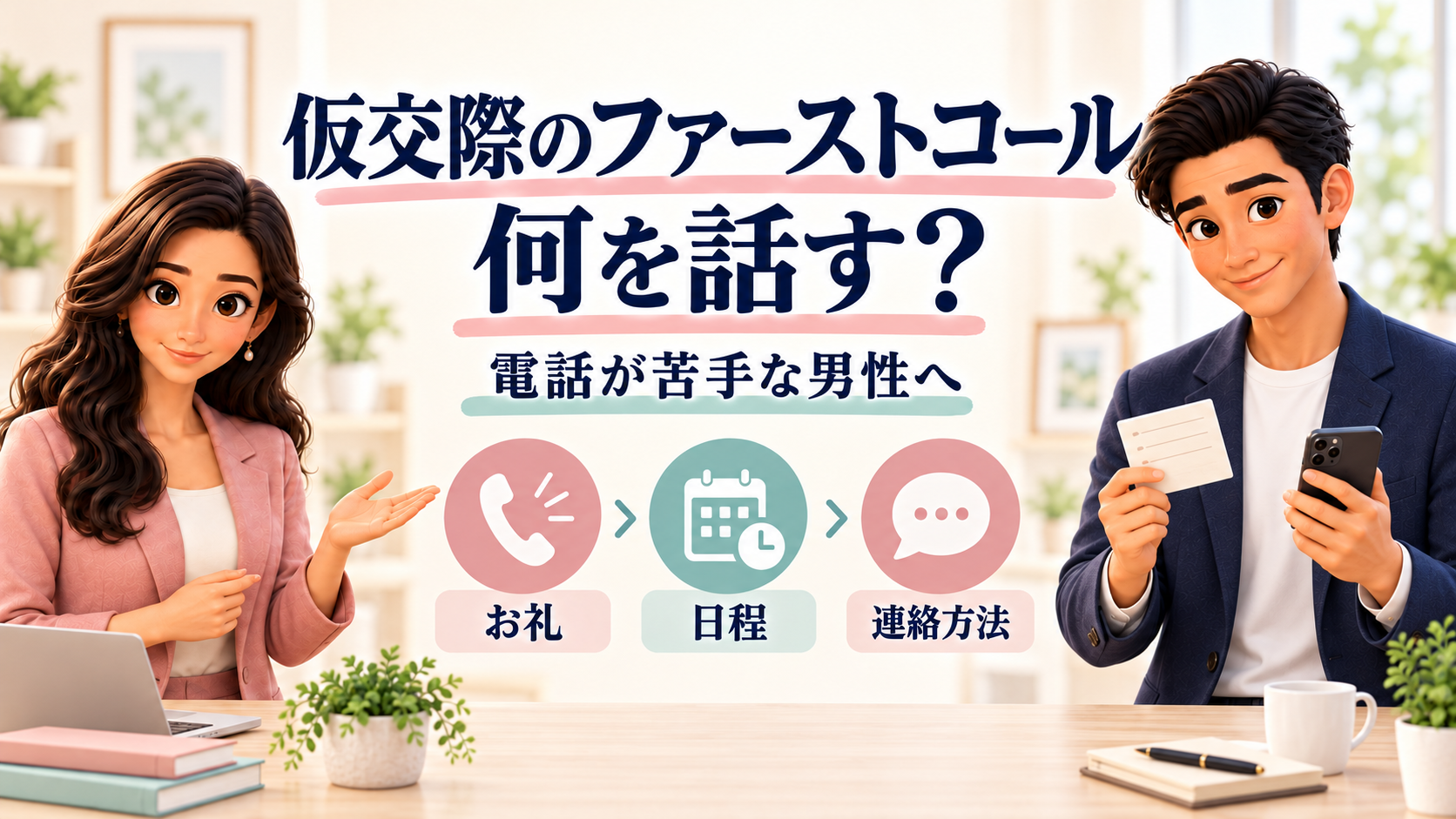 仮交際のファーストコールのお礼・日程・連絡方法を案内する、同僚アドバイザーのけんとかんな