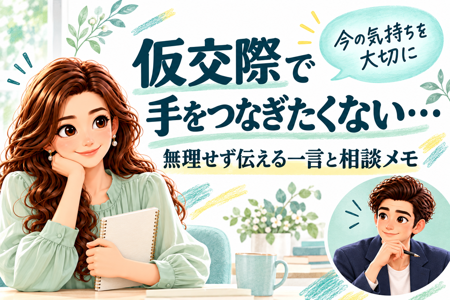 仮交際で手をつなぎたくないときの伝え方を案内するかんなと、別枠の同僚けん