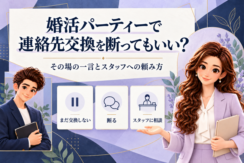 婚活パーティーで連絡先交換を断る・待つ・スタッフに相談する選択を案内するかんなとけん