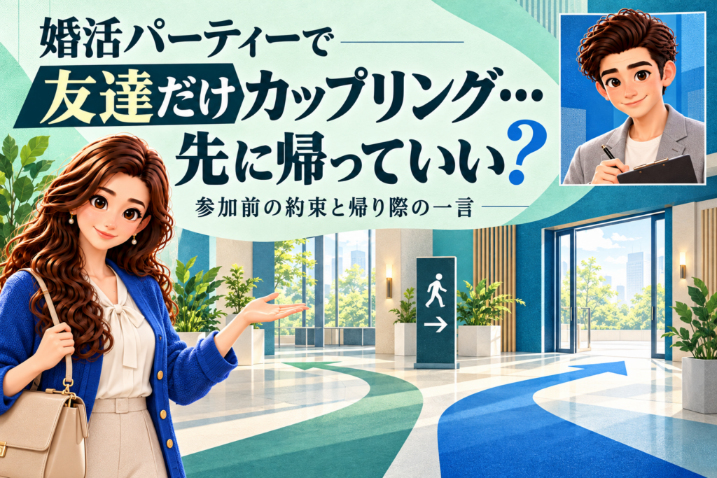 婚活パーティーで友達だけカップリングしたときの帰り方を案内するかんなと、別枠の同僚けん