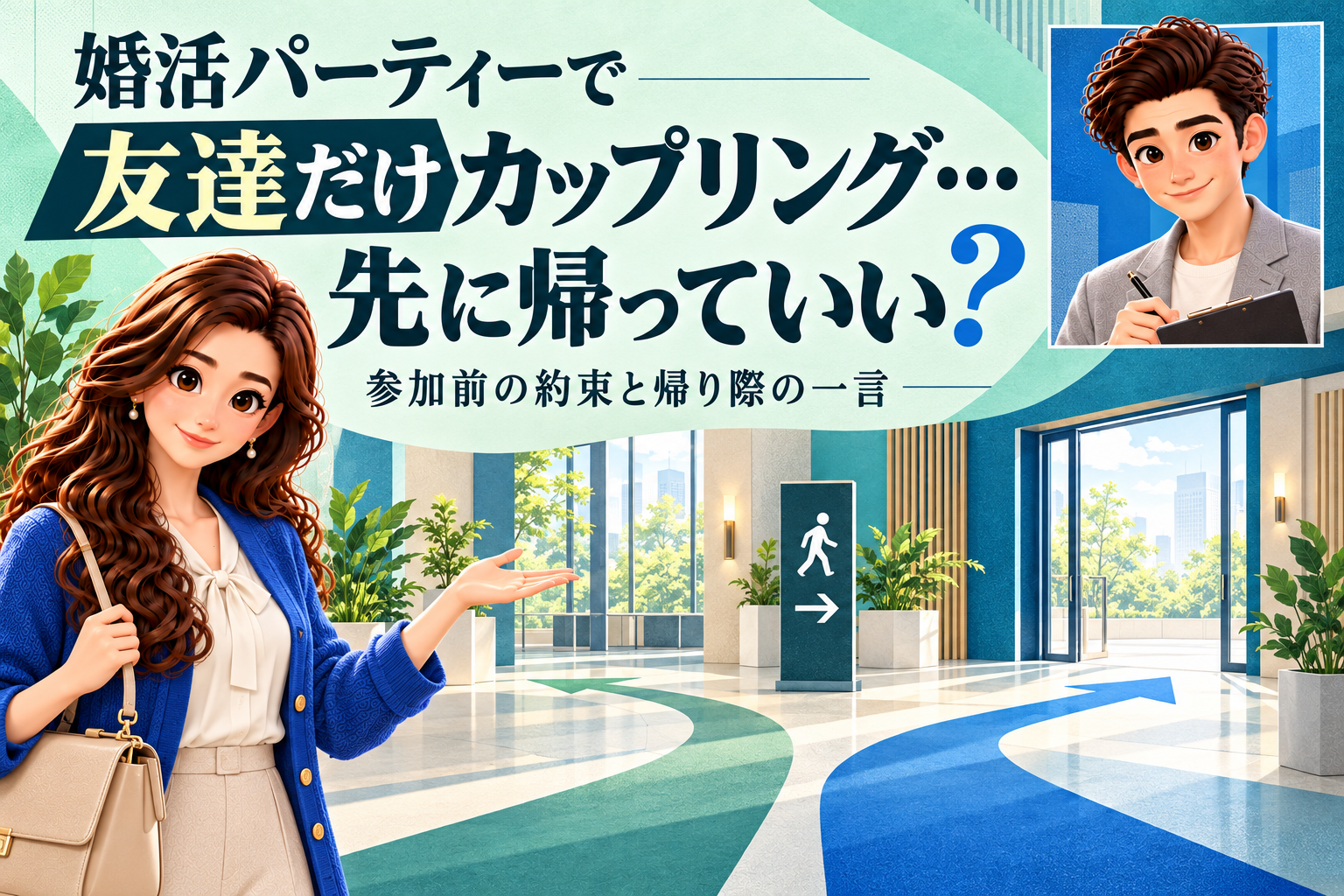 婚活パーティーで友達だけカップリングしたときの帰り方を案内するかんなと、別枠の同僚けん