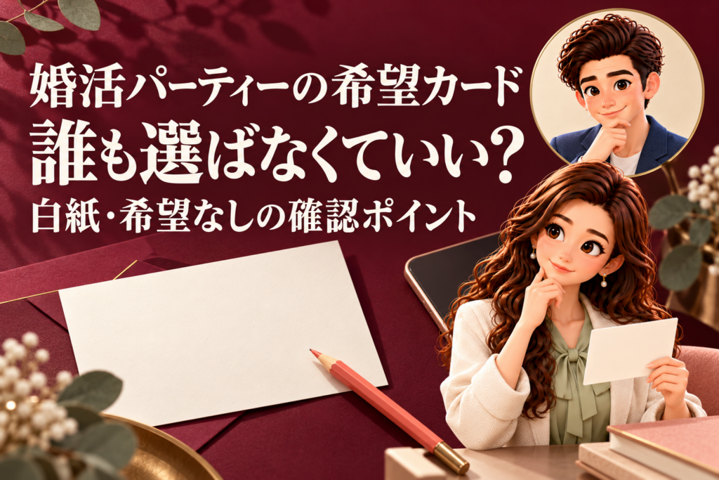 婚活パーティーの希望カードを誰も選ばずに出すか考えるかんなと、別枠で案内するけん