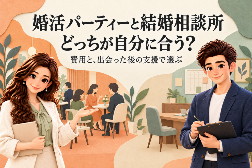 かんなとけんが離れた位置から、婚活パーティーと結婚相談所の費用・出会った後の支援を案内する比較イラスト