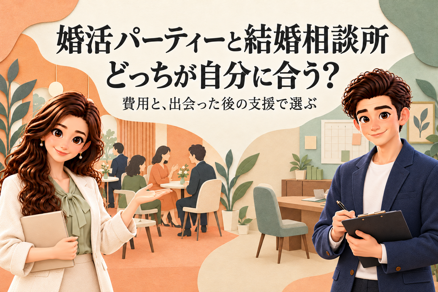 かんなとけんが離れた位置から、婚活パーティーと結婚相談所の費用・出会った後の支援を案内する比較イラスト