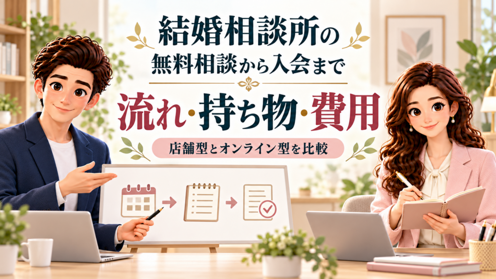 結婚相談所の無料相談から入会までの流れ・持ち物・費用を、同僚アドバイザーのかんなとけんが案内するイラスト