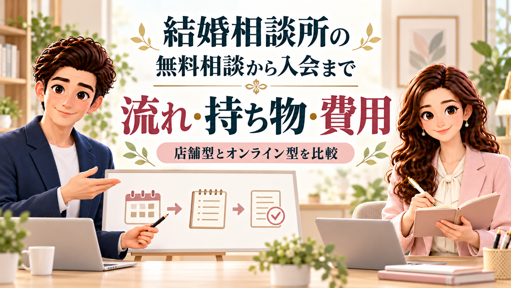 結婚相談所の無料相談から入会までの流れ・持ち物・費用を、同僚アドバイザーのかんなとけんが案内するイラスト
