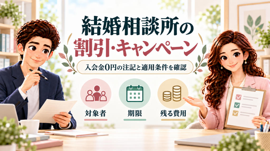 かんなとけんが、結婚相談所の割引の対象者・期限・残る費用を確認するイラスト