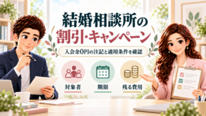 かんなとけんが、結婚相談所の割引の対象者・期限・残る費用を確認するイラスト