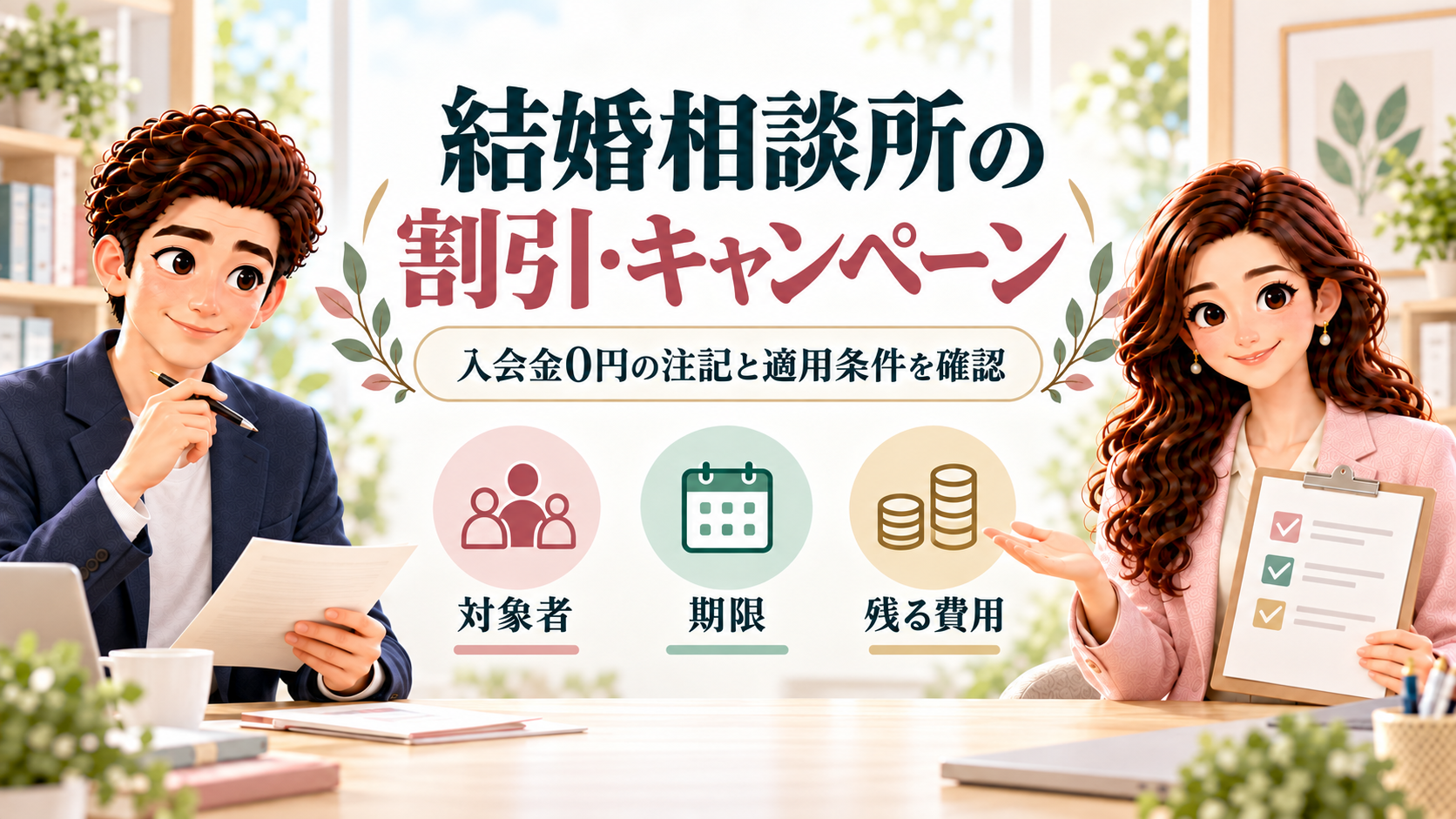 かんなとけんが、結婚相談所の割引の対象者・期限・残る費用を確認するイラスト