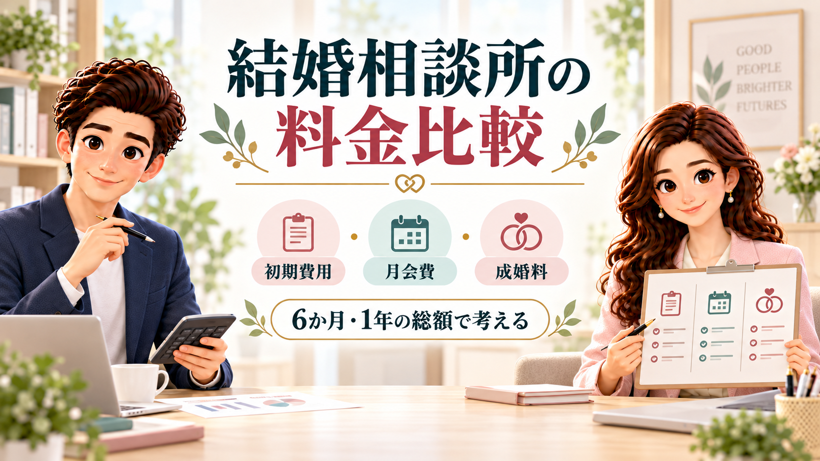 かんなとけんが結婚相談所の初期費用・月会費・成婚料と6か月・1年の総額を案内するイラスト