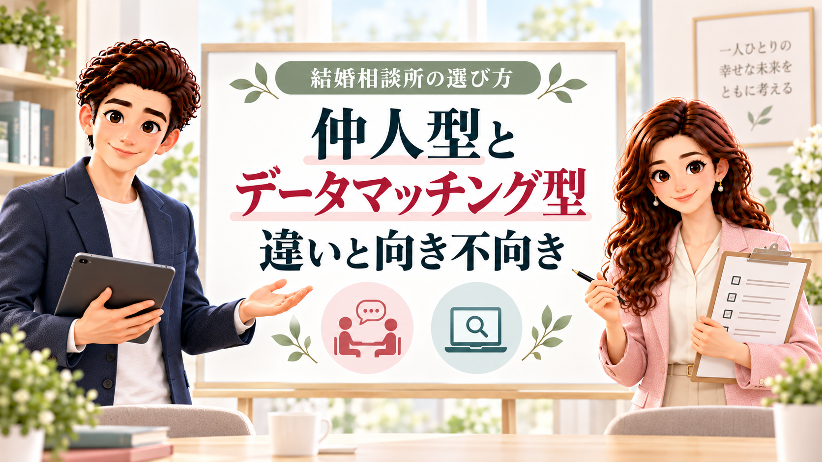 仲人型とデータマッチング型の違いを案内する、同僚アドバイザーのかんなとけん