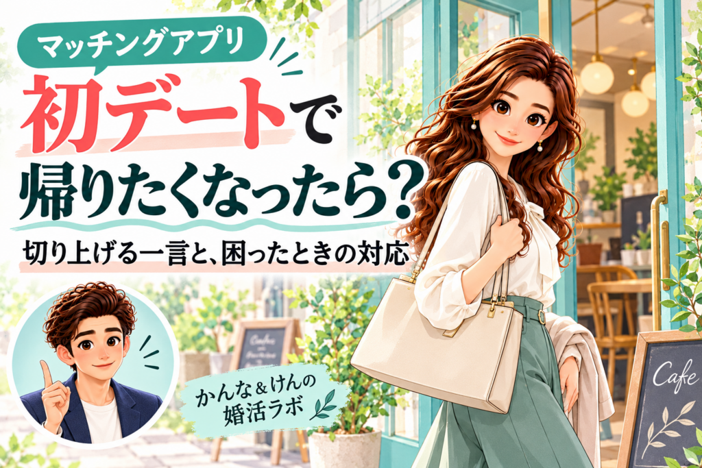 初デートで帰りたくなったときの切り上げ方を、昼のカフェを背景に案内するかんなと、別枠の同僚けん