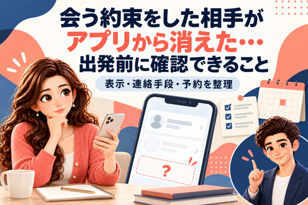 会う約束をした相手がアプリから消えたとき、表示・連絡手段・予約の確認を案内するかんなとけん