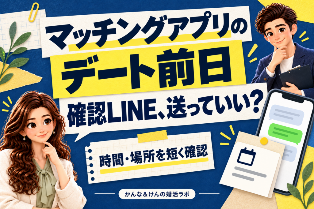 デート前日の時間と場所を確認するメッセージを案内する、別々の枠にいる同僚のかんなとけん