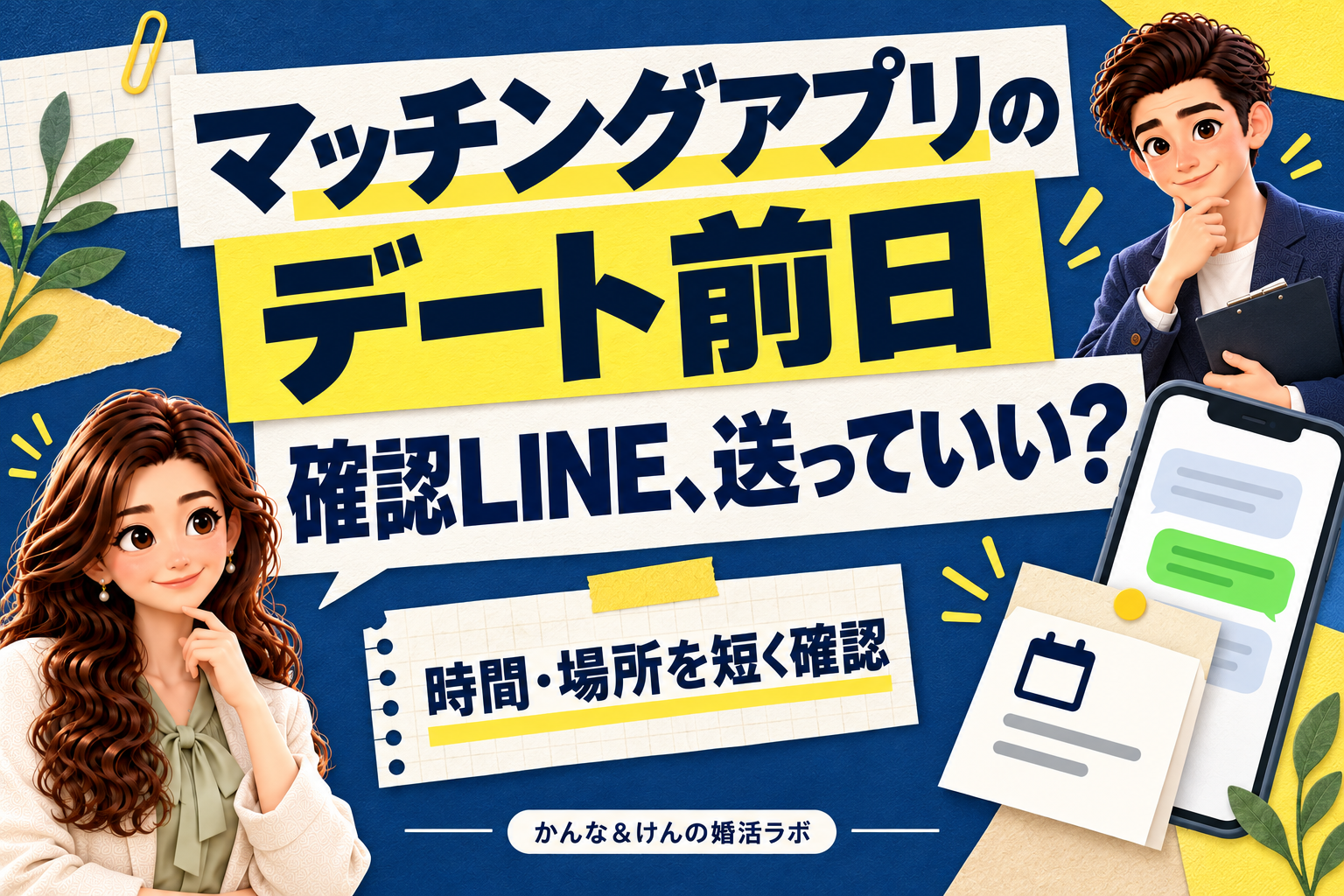 デート前日の時間と場所を確認するメッセージを案内する、別々の枠にいる同僚のかんなとけん