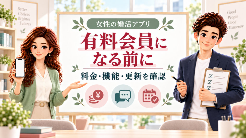 女性が婚活アプリの有料会員になる前に、料金・機能・更新を確認するかんなとけん