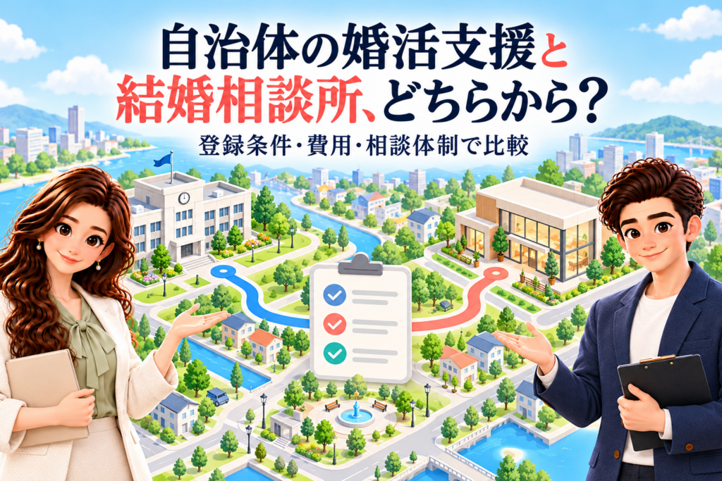 自治体の婚活支援と結婚相談所の登録条件・費用・相談体制を案内する、かんな＆けん