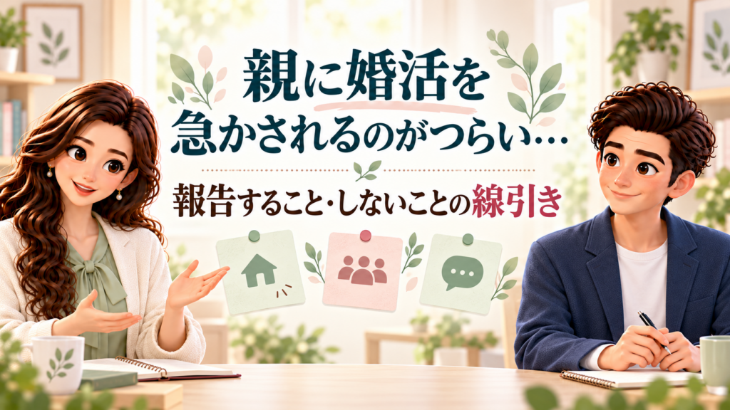 親への婚活報告の範囲をメモで整理する、同僚アドバイザーのかんなとけん