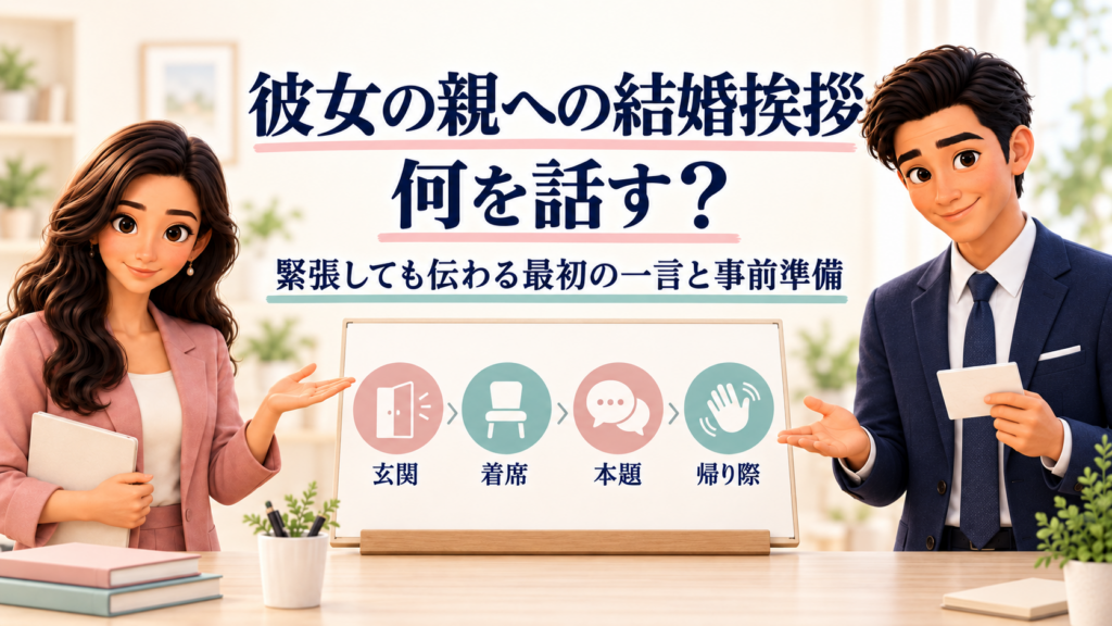 彼女の親への結婚挨拶で伝える内容を、玄関・着席・本題・帰り際の4場面に分けて案内するけんとかんな